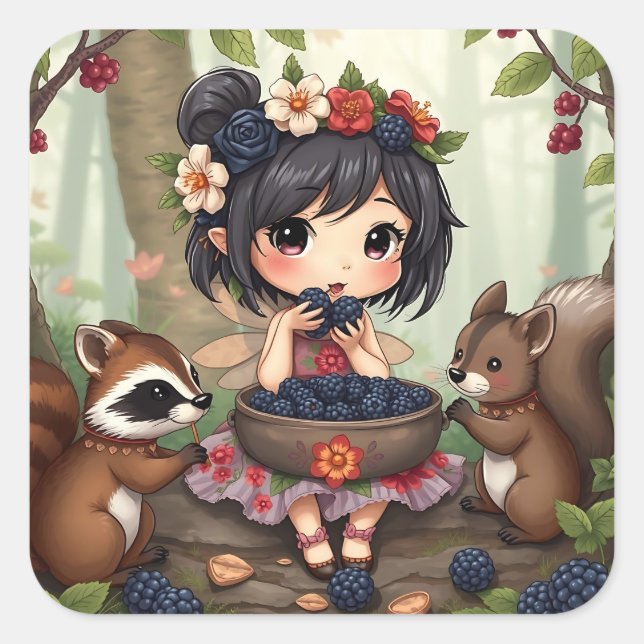 Chibi Fairy Eating Blackberries with Forest Friend Square Sticker (Front)