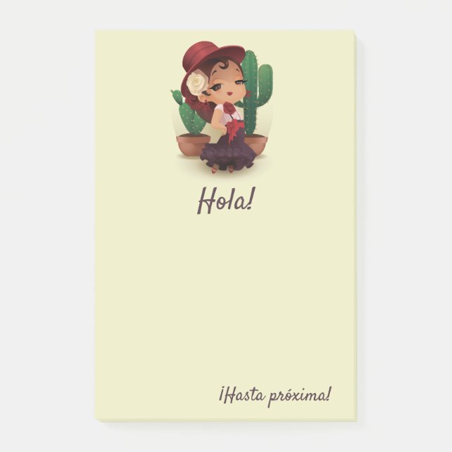Chibi flamenco in spanish hat and cactuses post-it notes (Front)