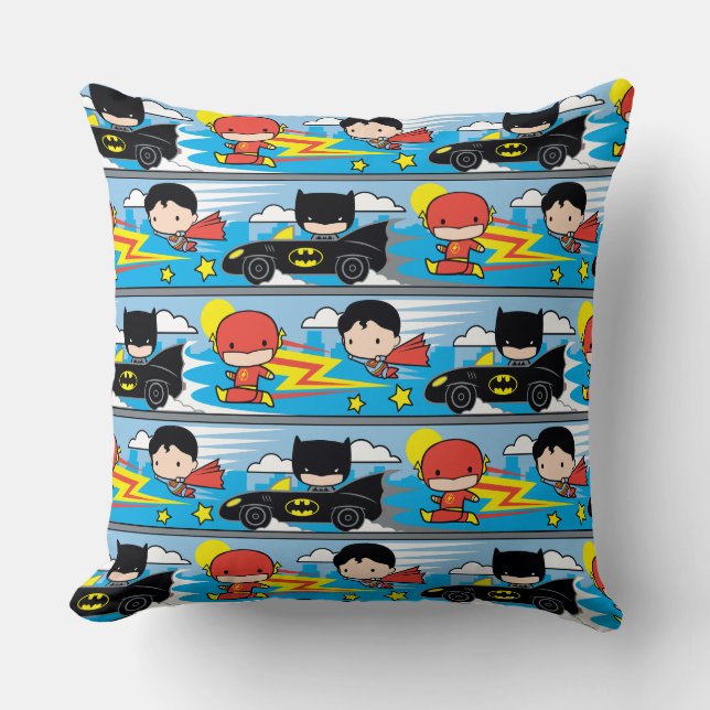 Chibi Flash, Superman, and Batman Racing Pattern Cushion (Front)