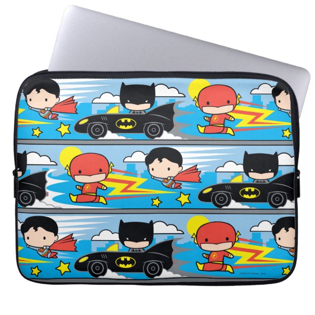 Chibi Flash, Superman, and Batman Racing Pattern Laptop Sleeve (Front)