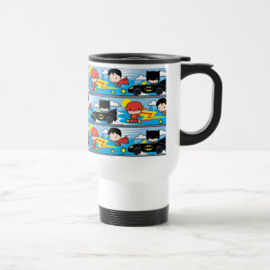 Chibi Flash, Superman, and Batman Racing Pattern Travel Mug