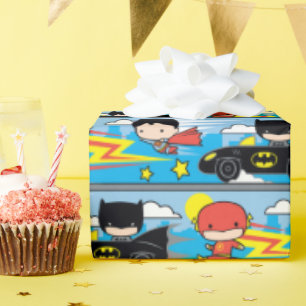 Chibi Flash, Superman, and Batman Racing Pattern Wrapping Paper