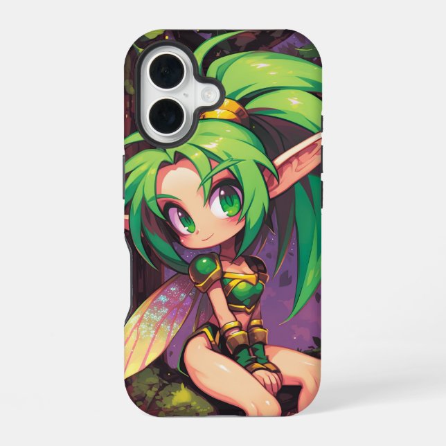Chibi Forest Pixie at Dusk — Emerald Wings iPhone 16 Case (Back)