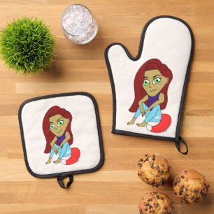 chibi foxy girl oven mitt & pot holder set