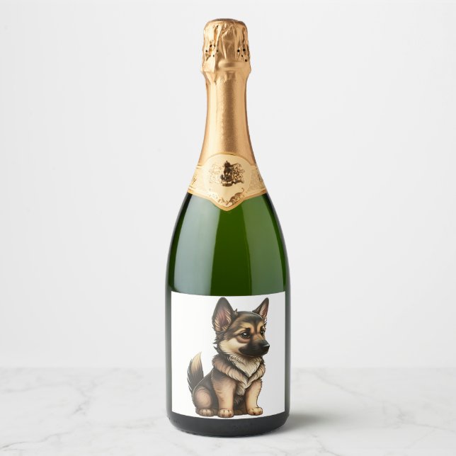 Chibi German Shepherd Sparkling Wine Label (Front)