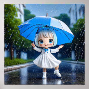 Chibi girl dancing in the rain  poster
