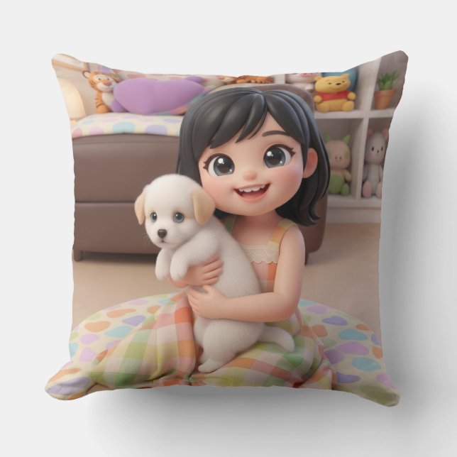 Chibi Girl Hugging White Puppy Dog Throw Pillow (Front)