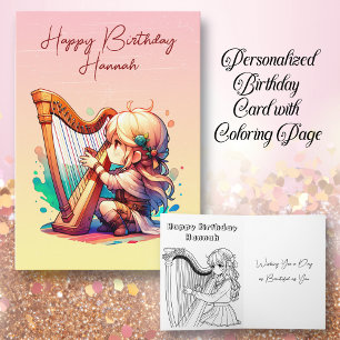 Chibi Girl Playing Harp Personalised Birthday Card