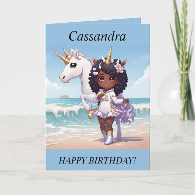 Chibi Girl Unicorn on the beach Birthday Card (Front)