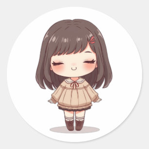 Chibi Girl with Black Hair in Cozy Winter Clothes Classic Round Sticker