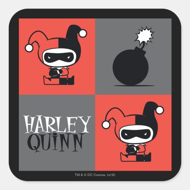 Chibi Harley Quinn Chequered Pattern Square Sticker (Front)