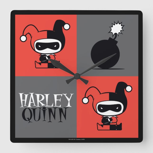 Chibi Harley Quinn Chequered Pattern Square Wall Clock (Front)