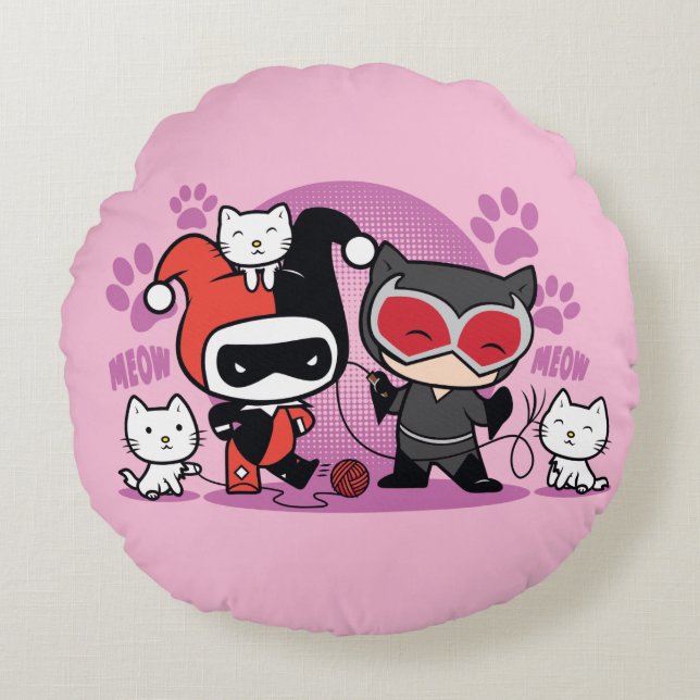 Chibi Harley Quinn & Chibi Catwoman With Cats Round Cushion (Front)