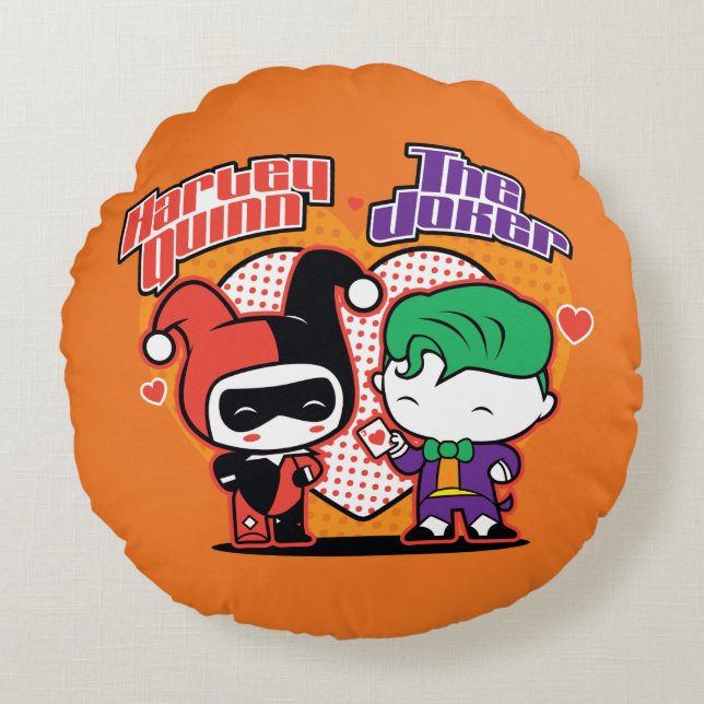 Chibi Harley Quinn & Chibi Joker Hearts Round Cushion (Front)