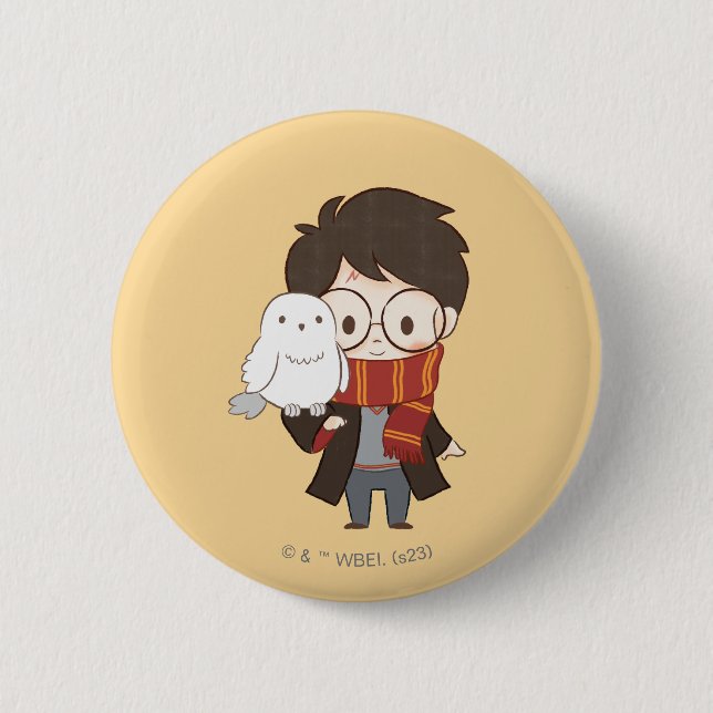 Chibi HARRY POTTER™ & Hedwig 6 Cm Round Badge (Front)