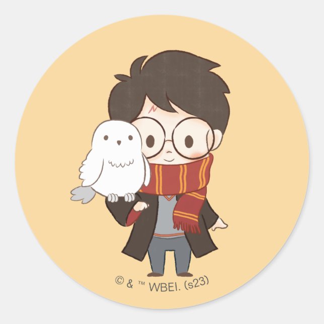 Chibi HARRY POTTER™ & Hedwig Classic Round Sticker (Front)