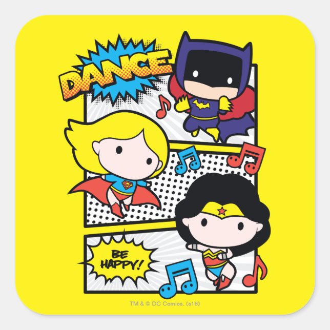 Chibi Heroes Dancing Square Sticker (Front)