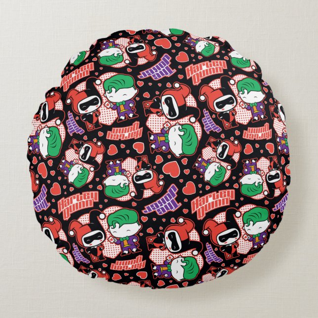 Chibi Joker and Harley Heart Pattern Round Cushion (Front)