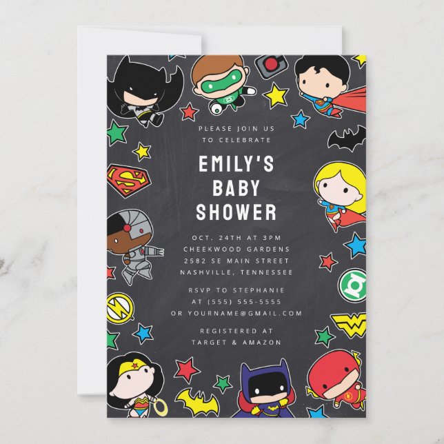Chibi Justice League Chalkboard Baby Shower Invitation (Front)