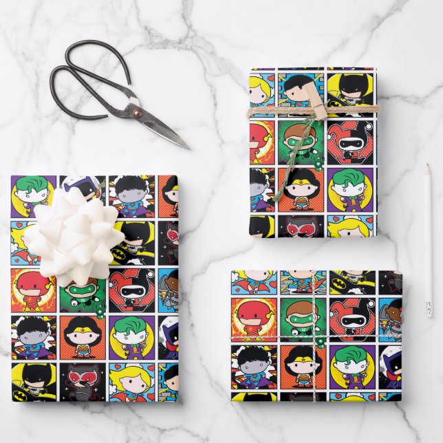 Chibi Justice League Character Pattern Wrapping Paper Sheet (Front)