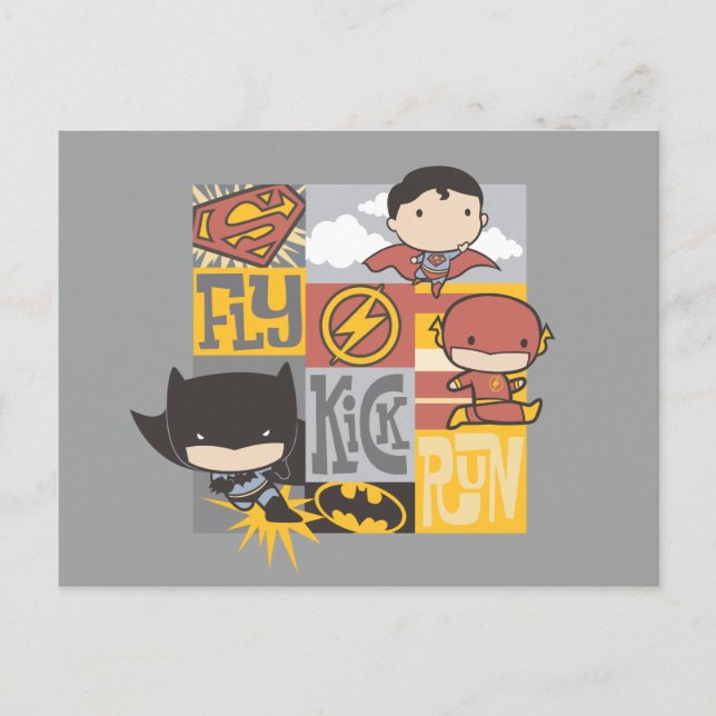 Chibi Justice League | Fly, Kick, Run Postcard (Front)
