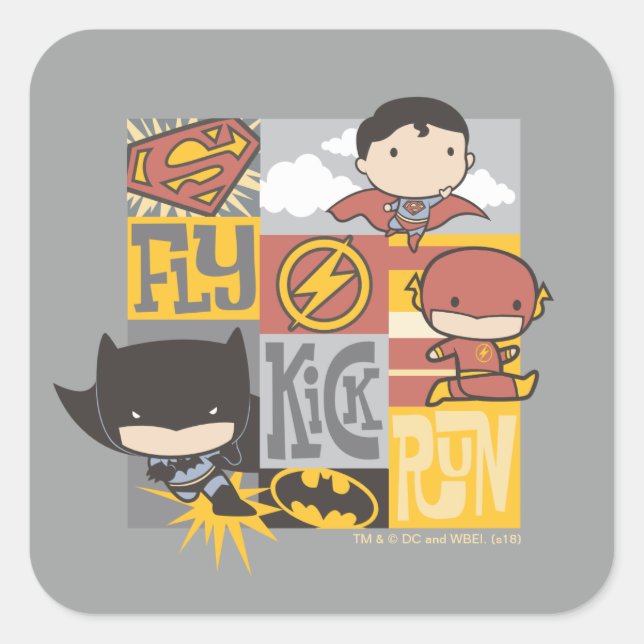 Chibi Justice League | Fly, Kick, Run Square Sticker (Front)