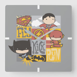 Chibi Justice League   Fly, Kick, Run Square Wall Clock