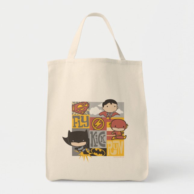 Chibi Justice League | Fly, Kick, Run Tote Bag (Front)