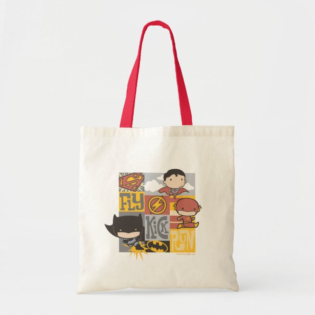 Chibi Justice League | Fly, Kick, Run Tote Bag (Front)
