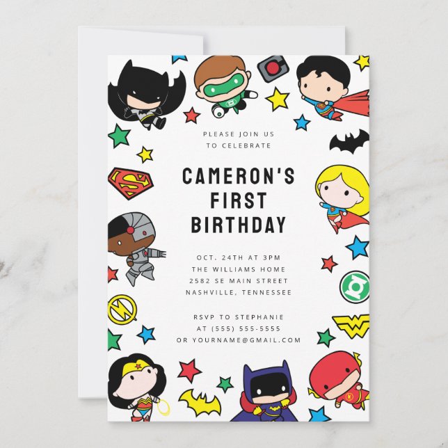 Chibi Justice League Kids Birthday Invitation (Front)