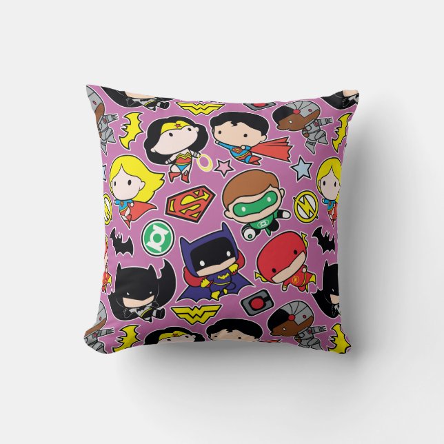 Chibi Justice League Pattern on Purple Cushion (Front)