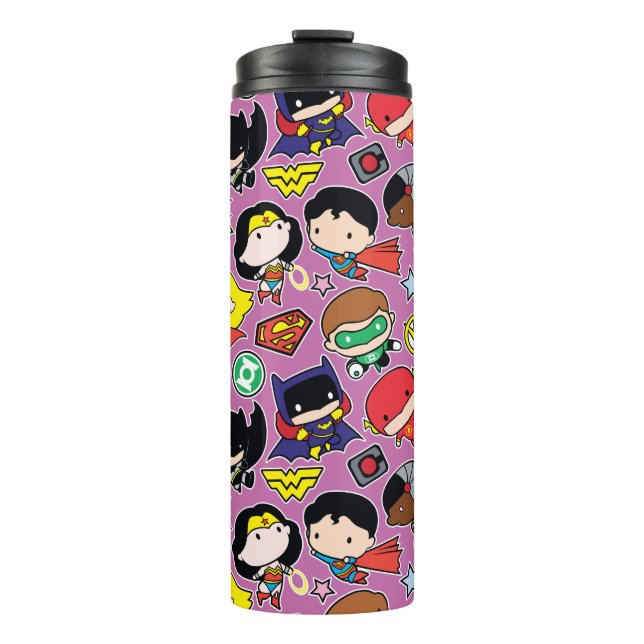 Chibi Justice League Pattern on Purple Thermal Tumbler (Front)