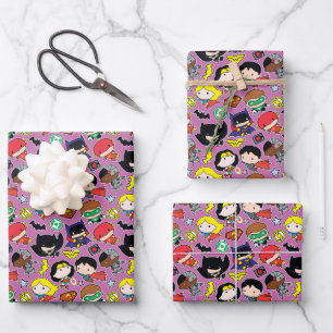 Chibi Justice League Pattern on Purple Wrapping Paper Sheet