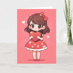 Chibi Kawaii Anime Girl and Heart Holiday Card