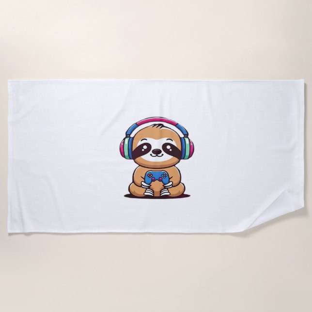 Chibi Kawaii Sloth Gamer – Cute Funny Animal with  Beach Towel (Front)