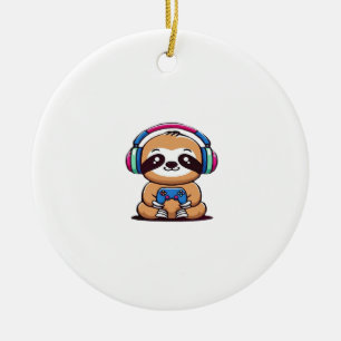 Chibi Kawaii Sloth Gamer � Cute Funny Animal with Ceramic Ornament