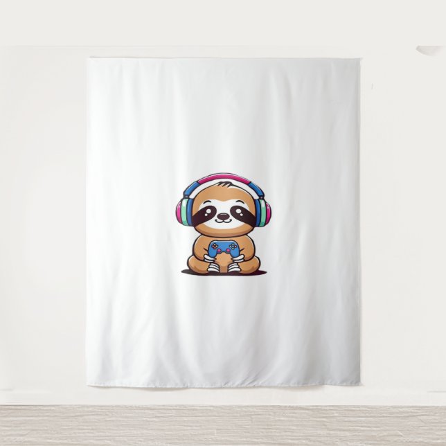 Chibi Kawaii Sloth Gamer – Cute Funny Animal with  Tapestry (Front)