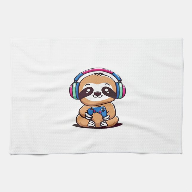 Chibi Kawaii Sloth Gamer � Cute Funny Animal with  Tea Towel (Horizontal)