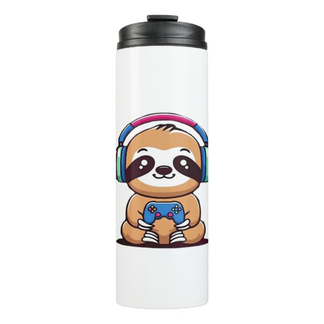 Chibi Kawaii Sloth Gamer – Cute Funny Animal with  Thermal Tumbler (Front)