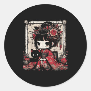 Chibi Kimono Girl Black Cat Flowers Japanese Art W Classic Round Sticker