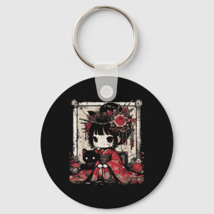 Chibi Kimono Girl Black Cat Flowers Japanese Art W Key Ring