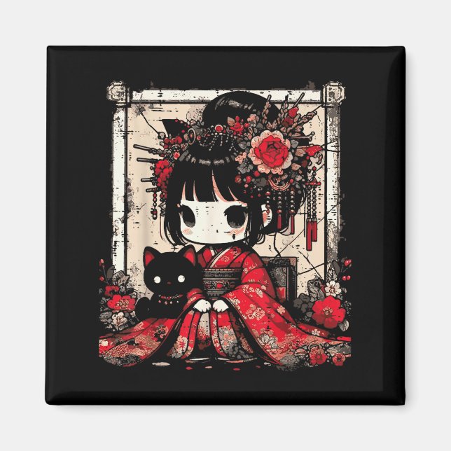 Chibi Kimono Girl Black Cat Flowers Japanese Art W Magnet (Front)