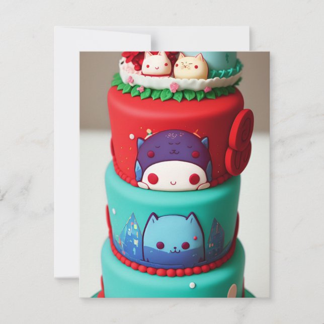 Chibi kitty cat voices green red birthday cake holiday card (Front)