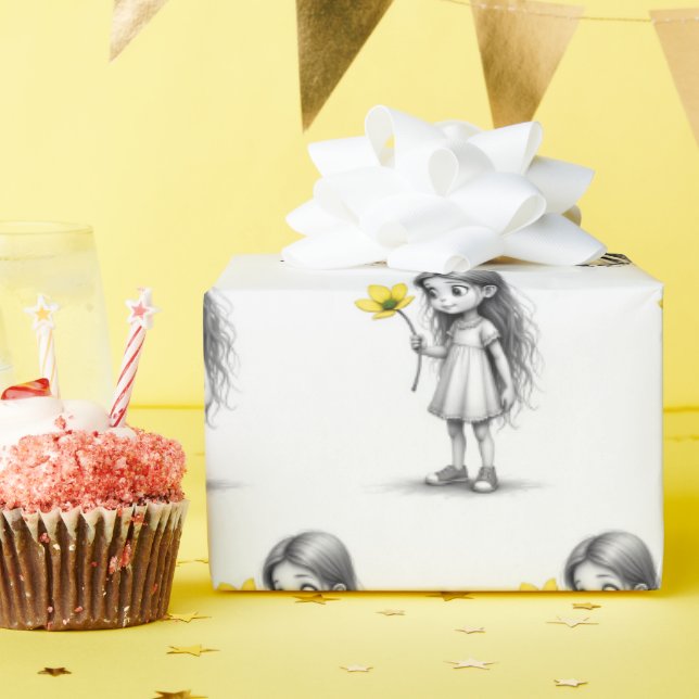 Chibi Little Girl With Yellow Flower Wrapping Paper (Birthday Party)