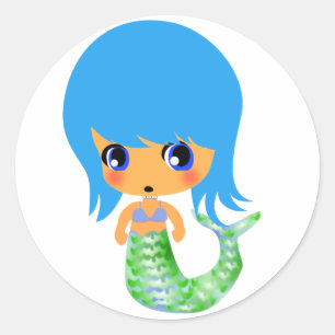 chibi magical mermaid blue hair classic round sticker