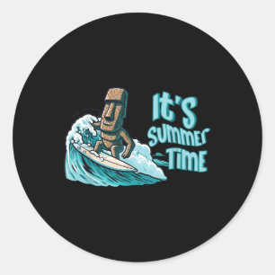 Chibi Moai Mood Surfing Summer Time Beach Ocean Se Classic Round Sticker