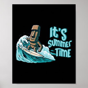 Chibi Moai Mood Surfing Summer Time Beach Ocean Se Poster