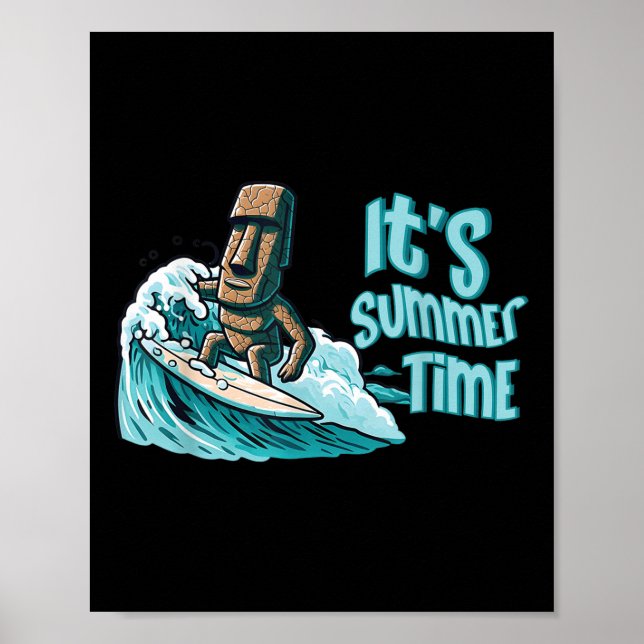 Chibi Moai Mood Surfing Summer Time Beach Ocean Se Poster (Front)