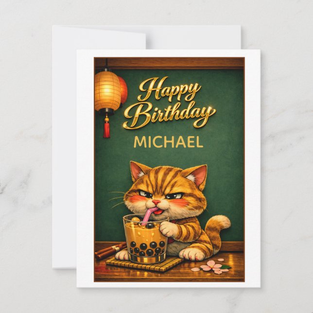 Chibi Neko Tiger Cat Boba Bubble Tea Birthday (Front)