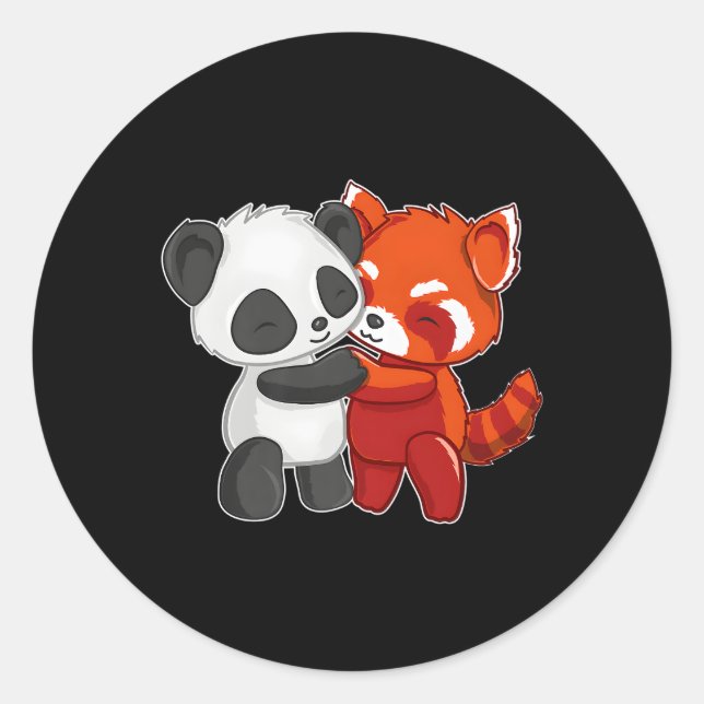 Chibi Panda Bear Hugs Red Panda Classic Round Sticker (Front)